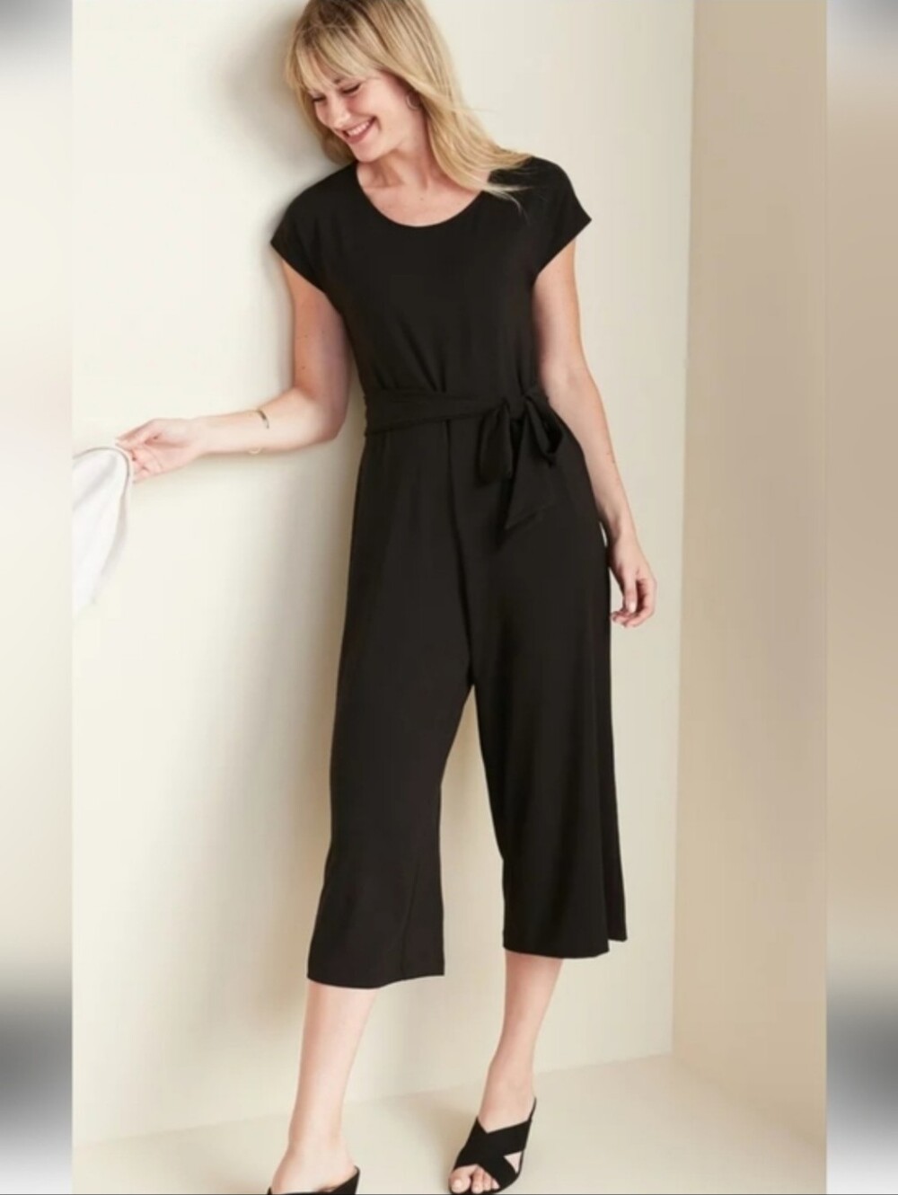 Old Navy Black Short-Sleeve Tie-Waist Cropped Jumpsuit